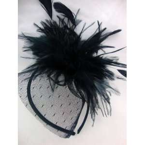  Large Black Feather with Veil Netting Headband Everything 