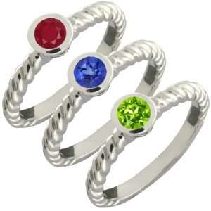  3 Stackable Sterling Silver Rings with Red Ruby, Blue 