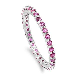 Stackable 925 Sterling Silver Eternity Ruby CZ Wedding Band Ring 2MM 