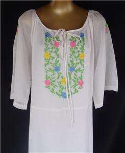 Vintage 70s Hand Embroidered Mexican White Maxi Dress Caftan Boho 