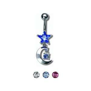 Moon and Star Belly Ring with Light Sapphire Crystal Dangle   14g (1 