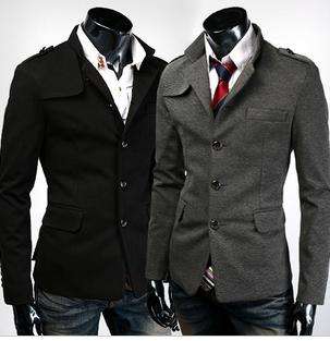 2011 Fresh Mens Slim Fit Stand collar Single breasted Suits Black 2943 