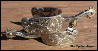   Engraved Equitation Shank Rowel Spurs with Inset ClearCrystals  