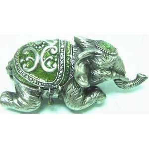  Jewelry Box Pewter Green & Silver Squatting Elephant