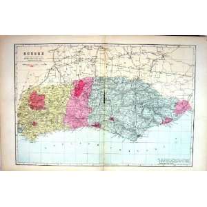   Map 1883 Sussex England Brighton Eastbourne Lewes
