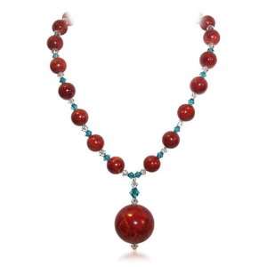  Sterling Silver Crystal and Spongy Coral Necklace 16 inch 