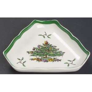 Spode Christmas Tree Green Trim Triangular Tray, Fine China Dinnerware 