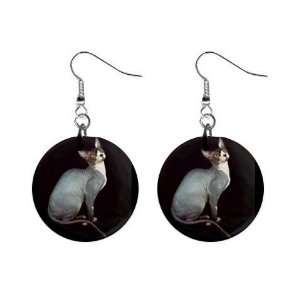  White Hairless Cat Sphynx 1 Round Button Dangle Earrings 