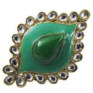 Iba Indian Fashion Designer Adjustable Ring Green Acrylic Stone Polki 