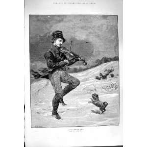  1880 MAN MUSIC VIOLIN SNOW KEEPING HIMSELF WARM DANCING 