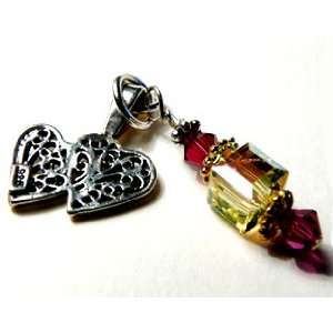  Pendant Friend Message Twin Hearts Ruby & Yellow Gold Crystal Cube 