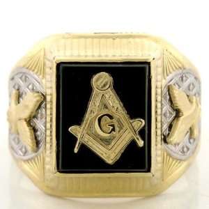    10K Solid Gold Two Tone Mens Onyx Masonic Eagle Ring Jewelry