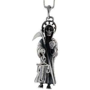 925 Sterling Silver Large Grim Reaper / Skull w/ Scythe Pendant (w/ 18 