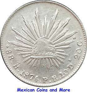 Mexico 8 Reales Ho 1874 P.R. Hermosillo Mint, Slightly Scarce.  