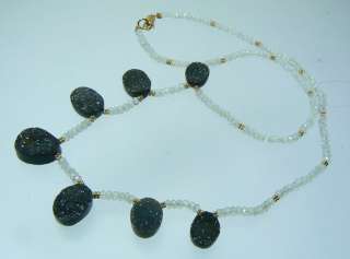 DRUZY AGATE FACETED FIRE MOONSTONE 14K GOLD NECKLACE  