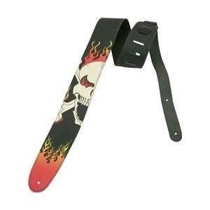   Waves Hot Rod Leather Guitar Strap Flaming Skull 