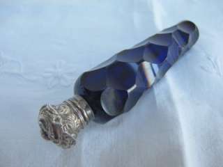   VICTORIAN BRISTOL BLUE GLASS & SILVER SCENT PERFUME BOTTLE c1860