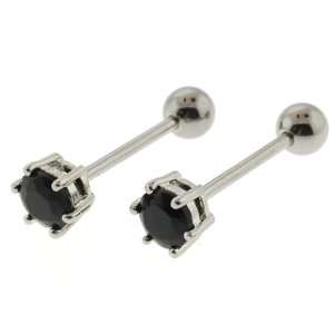  Tongue Barbell with Round, Black CZ, 6 Prong Set, 8mm Gem 