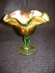 Signed Northwood Green/Orange Carnival Glass Comport  
