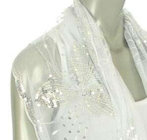 WHITE FLOWER EVENING SHAWL SILVER SEQUIN Formal Bridal  