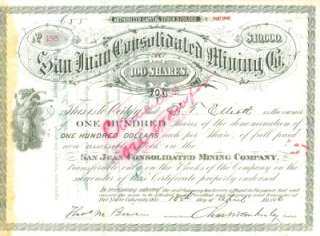 San Juan Consol Mining Co Del Norte Stock Certificate  