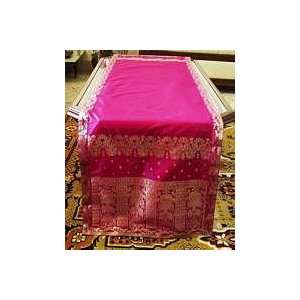  Pink Silk Sari Table Runner Throw with zari work on both 
