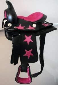 Black Synthetic Western kid PONY Saddle 10 Pink Stars  