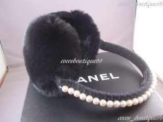 Auth CHANEL 11A Pearl Tweed Rabbit Fur Headbands Ear Muffler Rare 