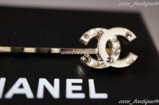 Auth CHANEL Whte Enamel Pearl Crystal CC Hair Pin Clips NEW  