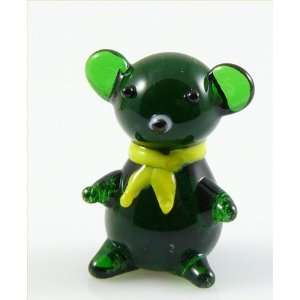  Teddy Bear glass miniature figurine, Dark green with Yellow bow 