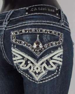 NWT Womens LA IDOL Bootcut Jeans LEATHER & CRYSTALS WITH WHIP STITCH 