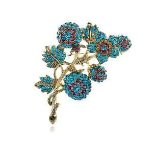 Vintage Inspired Blue Zircon Ruby Crystal Rhinestone Flower Leaf Pin 
