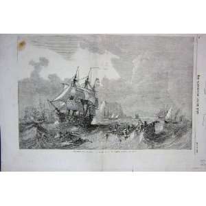   1857 Carmichael Print War Ships Boat Sailing Sea Storm