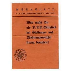   Arbeitsfront, Original DAF German Labor Front Leaflet 