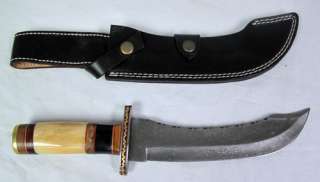   Damascus Curved 8 Blade Bull Bone Handle 13 Custom Knife with Sheath