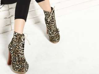 Ladys Lace Ups Ankle Boots Block Heels Leopard Black us8.5  