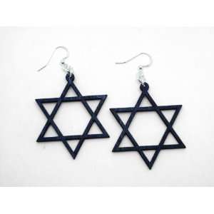  Royal Blue Jewish Star of David Wooden Earrings GTJ 