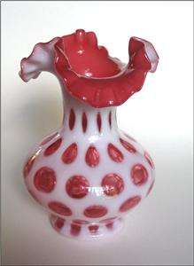 Fenton Glass Cranberry Opalescent Coin Dot Ruffled Vase  