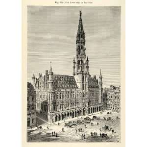 1882 Wood Engraving Brussels Town Hall Gothic Grand Place Street Scene 