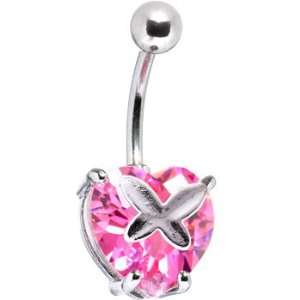  Pink Cubic Zirconia Crossed Heart Belly Ring Jewelry