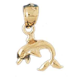  14kt Yellow Gold Dolphin Riding Wave Pendant Jewelry