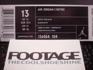 2011 Nike Air Jordan III 3 Retro WHITE TRUE BLUE CEMENT GREY BLACK RED 