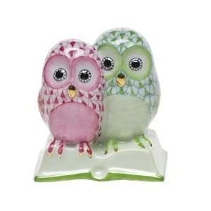  Herend Pair of Owls on Book Pink & Key Lime Fishnet