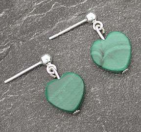 Sterling Silver Green Malachite Heart Post Earrings   