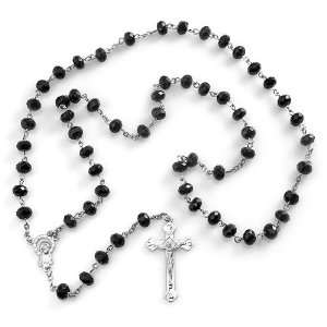 Black Crystal Rosary with Faceted Rondelle Beads Metal Alloy Jesus 