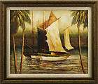 Boats Sail Palm Trees River Art   FRAMED OIL PAINTING