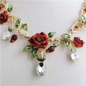 Rose Flower Necklace Earring Set Red Swarovski Crystal Rhinestone 