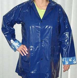 Shiny Blue PVC vinyl hood raincoat Slicker on PopScreen