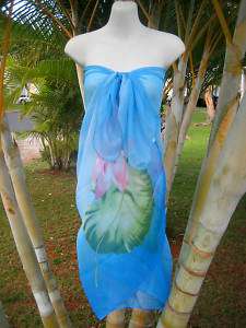   Hawaii Pareo BLUE PINK LOTUS Beach Skirt Coverup Cruise Wrap Dress
