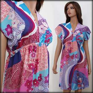   Chiffon Kimono Floral Print Empire Waist Tunic Mini Dress USA S M L